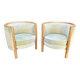 Pair of barrel-shaped armchairs in beech and almond green velvet by Maison Rosello