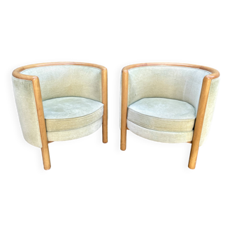 Pair of barrel armchairs in beech and almond green velvet Maison Rosello