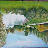 Oil on canvas lake in autumn