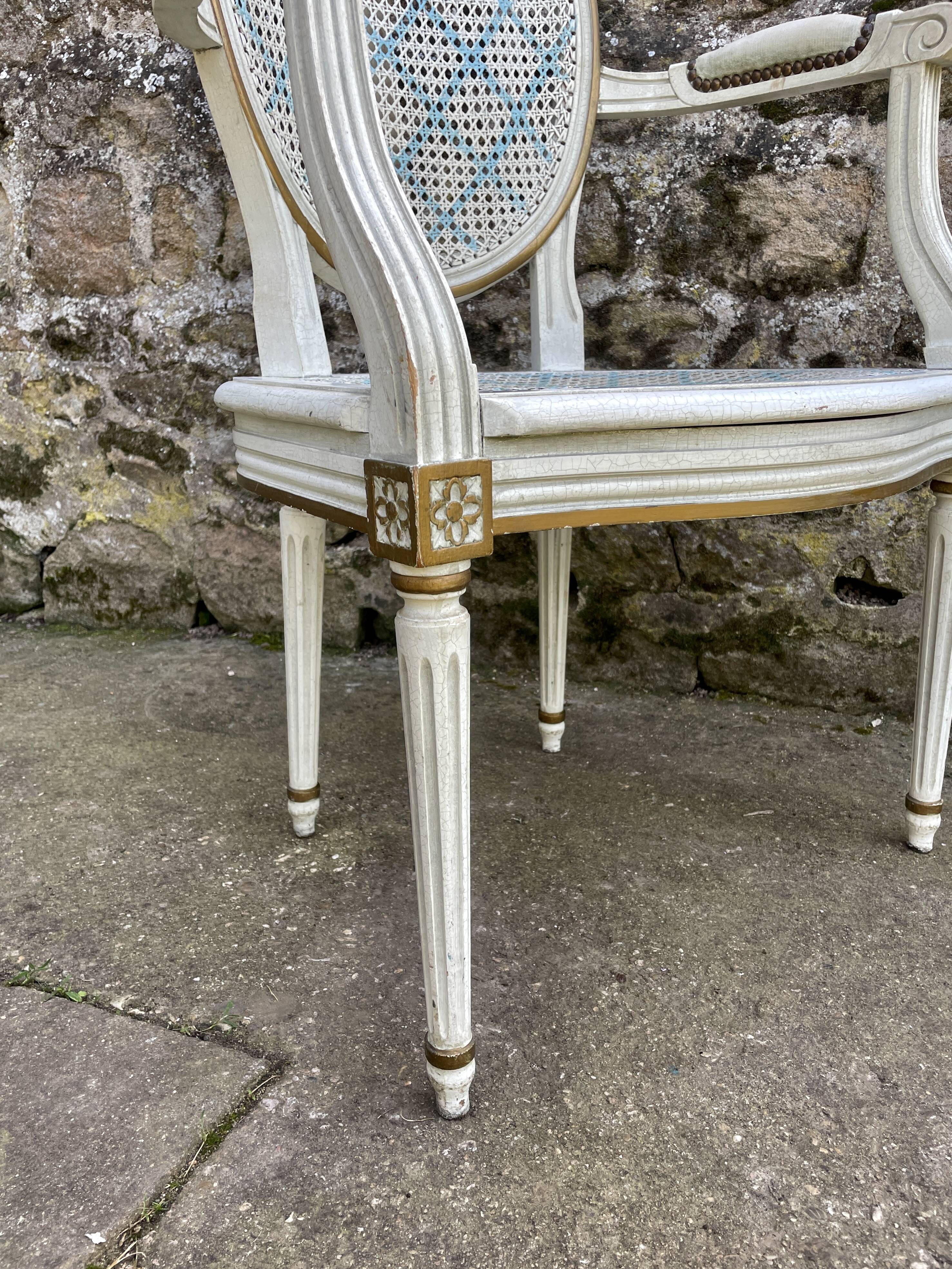 White and blue caned medallion armchair Louis XVI