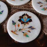 Set of 5 marble and inlaid stone coasters - Artisanal
