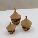 Set of 5 vintage tutsi rwanda rattan decorative lidded pots 1970s