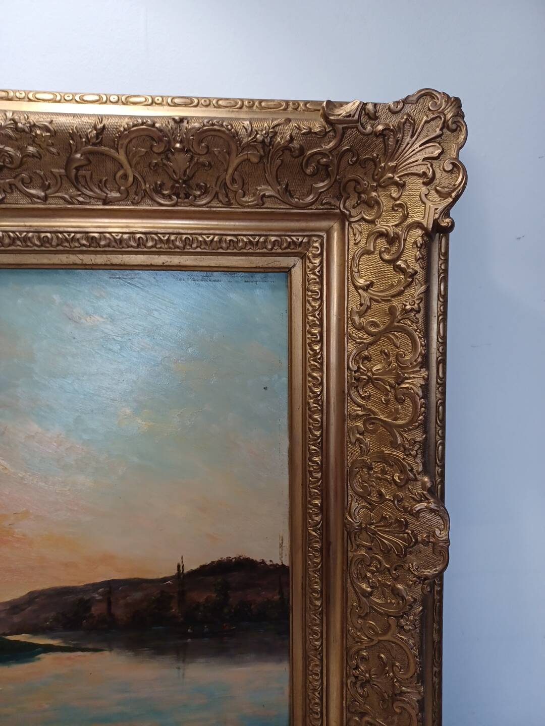 Large painting by Henry Jacques Delpy, Banks of the Seine at Dusk. Early 20th century.