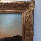 Grand tableau de henry jacques delpy, bord de seine au crepuscule. debut xx ème siècle.