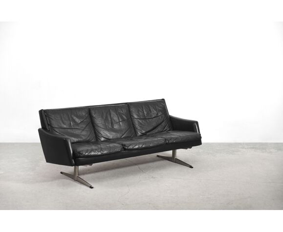 Mid Century Modern Black Leather Scandinavian Sofa 1960s Selency Mid Century Modern Black Leather, Mid Century Modern White Leather Sofa