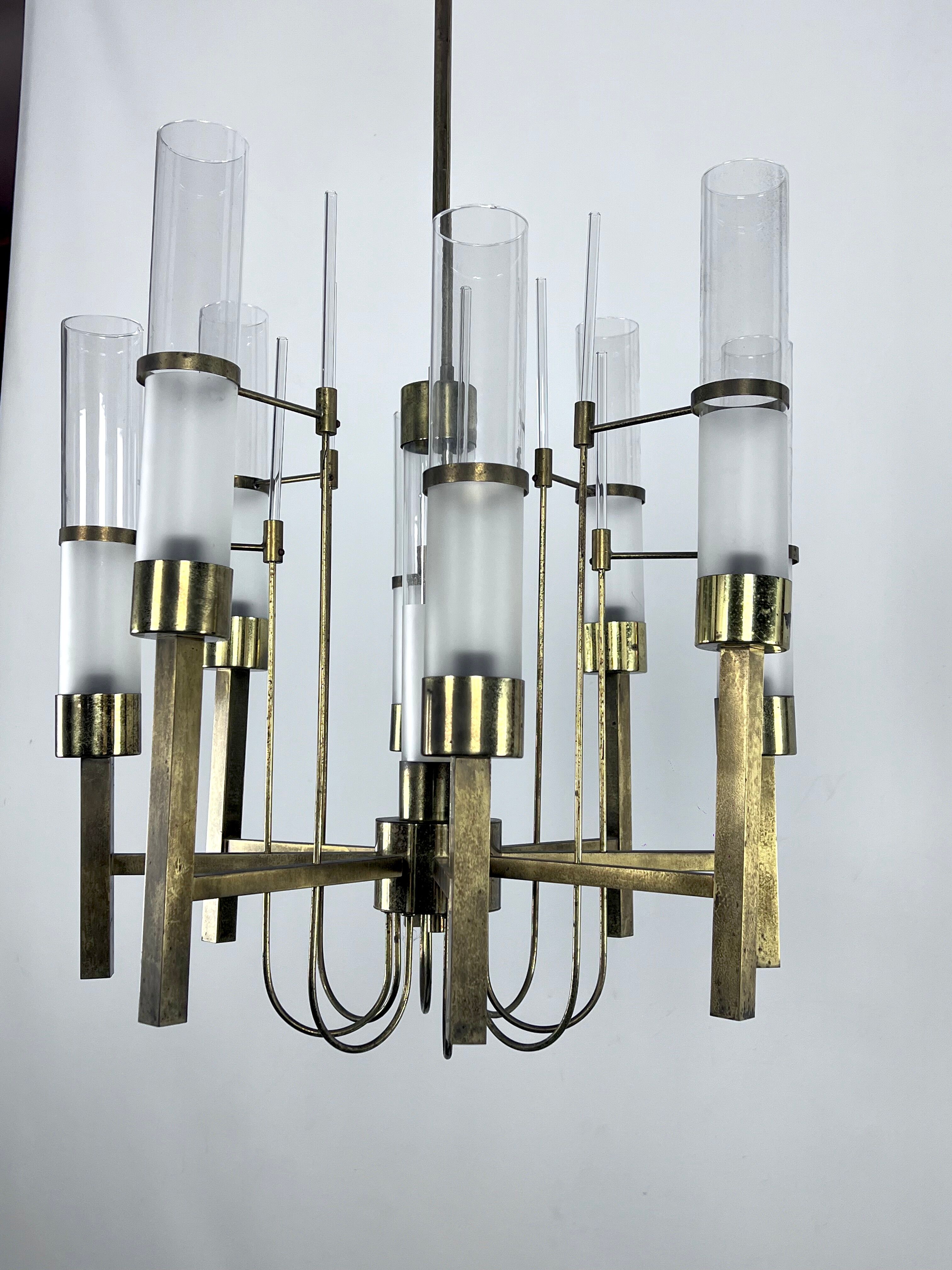 Sciolari, eight arms brass and glass tube chandelier. Italy 1960s