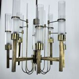 Sciolari, eight arms brass and glass tube chandelier. Italy 1960s