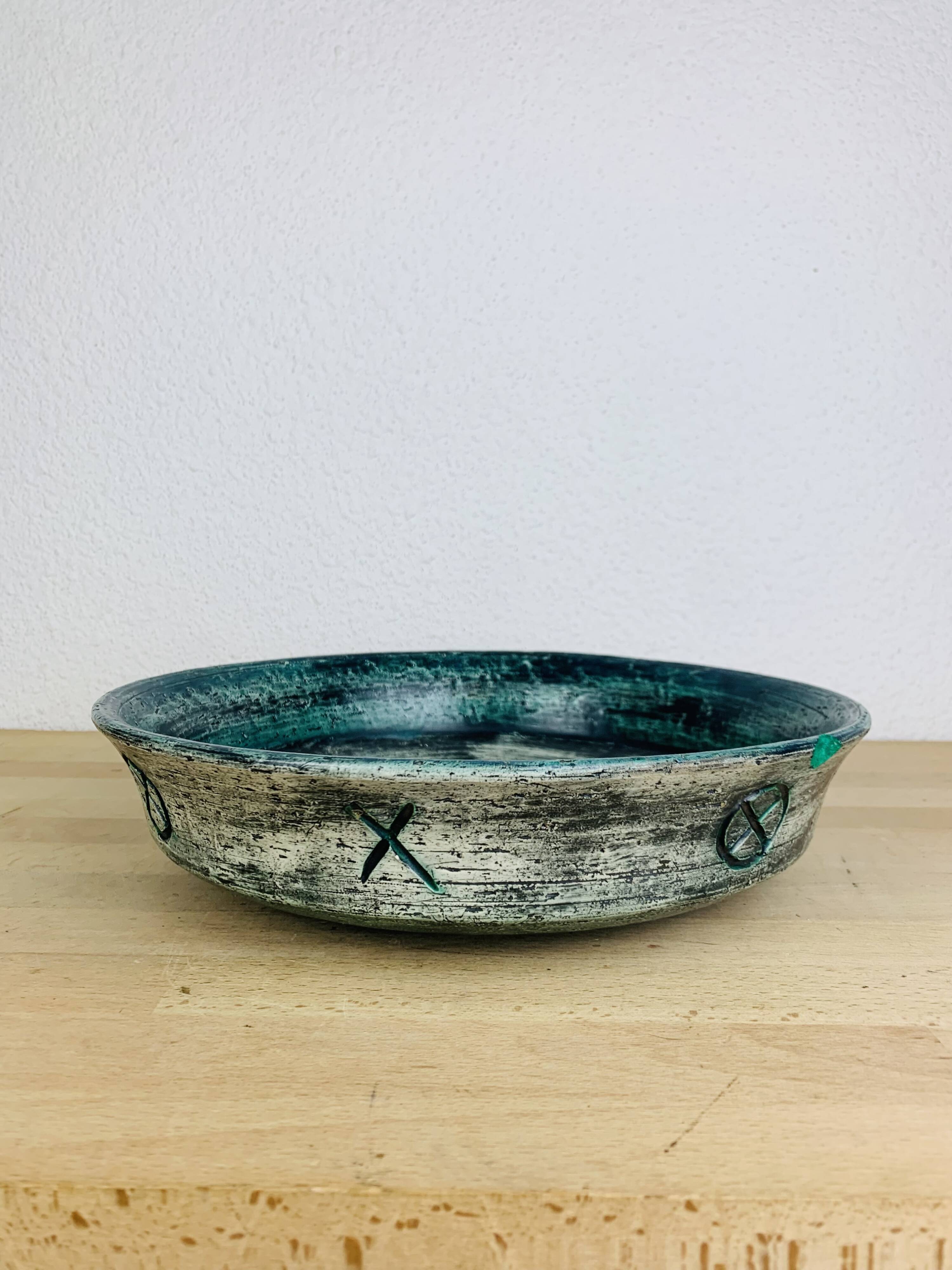 Round blue ceramic dish signed Arol Norway