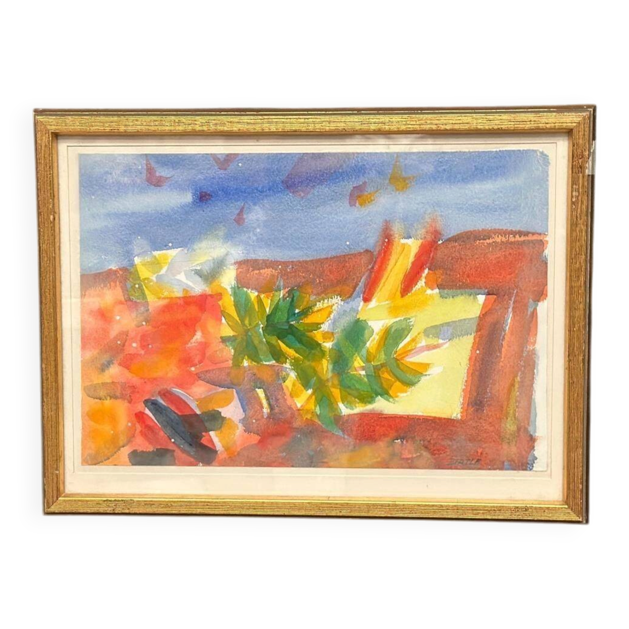 Original Swedish Watercolour On Paper – “Abstract Landscape” By Lars Bertle – Dated 1987 – Vintage & Framed