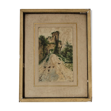 Aquarelle signée, poules devant une ruine