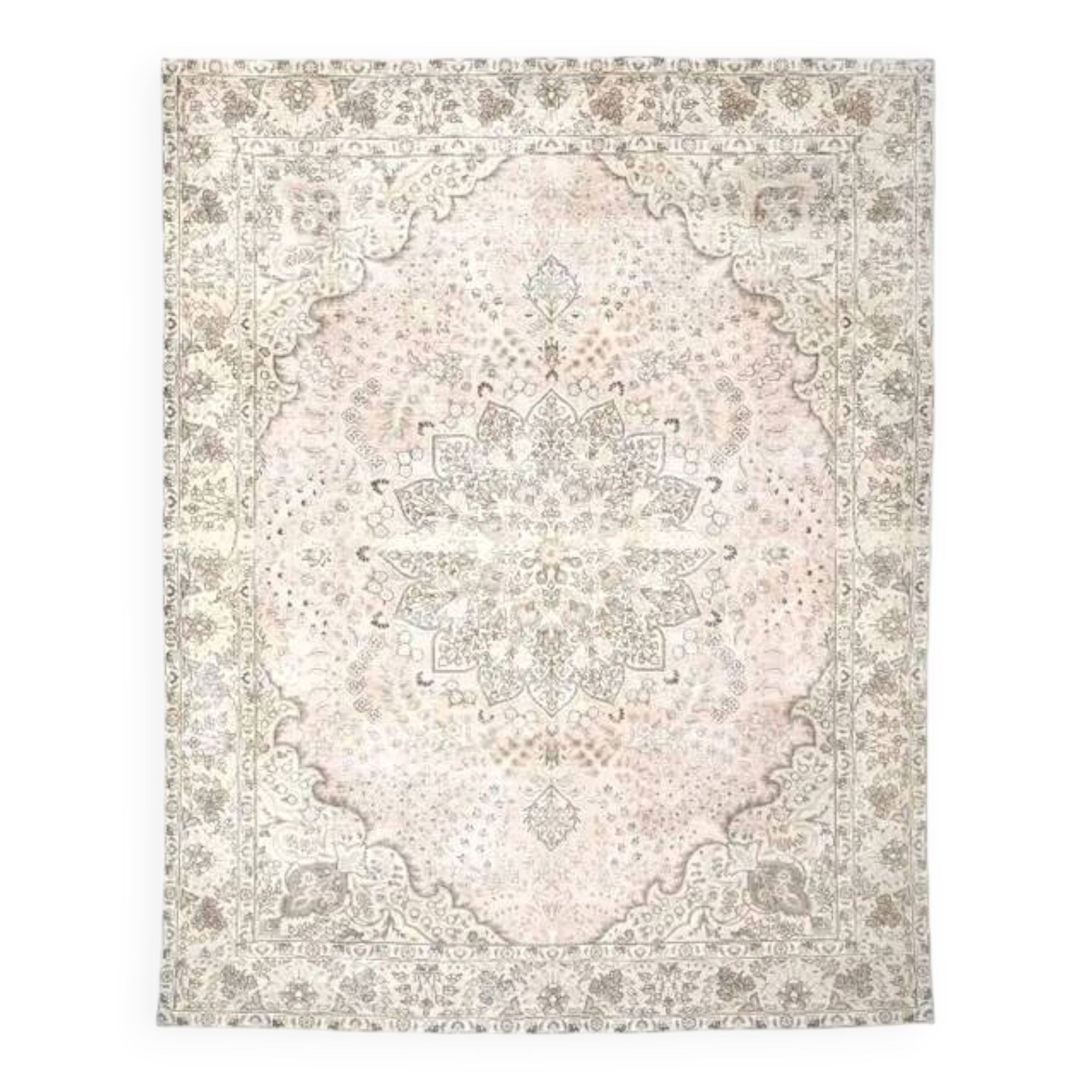 1970s Vintage Persian Handmade Wool Cotton Beige Area Rug 287x367