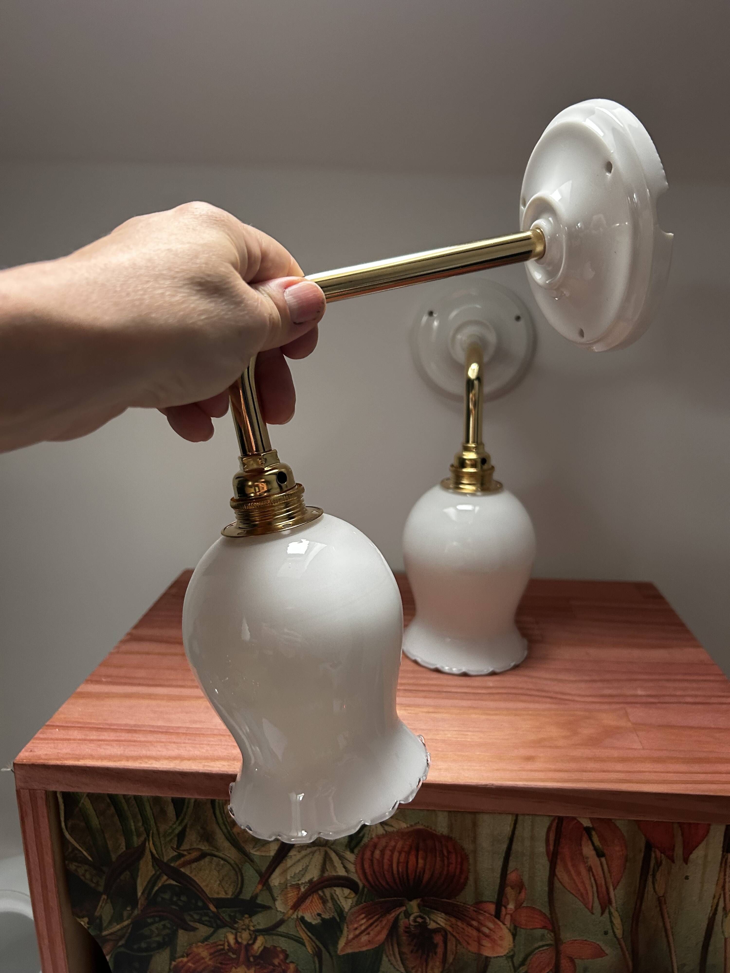 Pair of white opaline wall lights