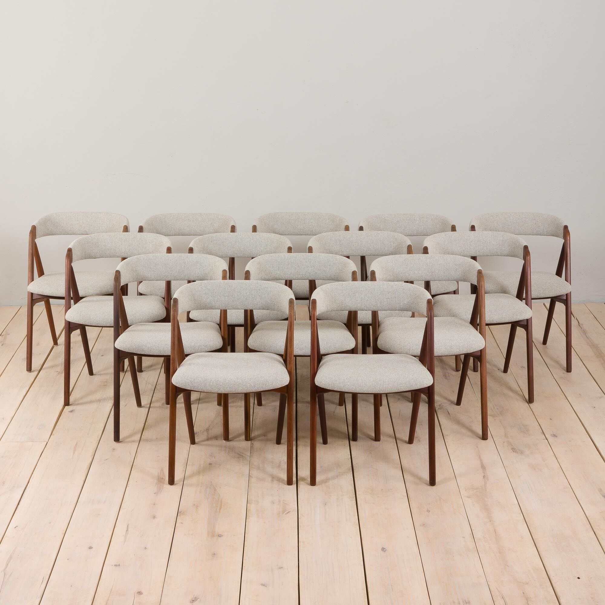 Set of 14 mid-century Danish teak dining chairs by Th Harlev for Farstrup Møbler in blue wool 1950