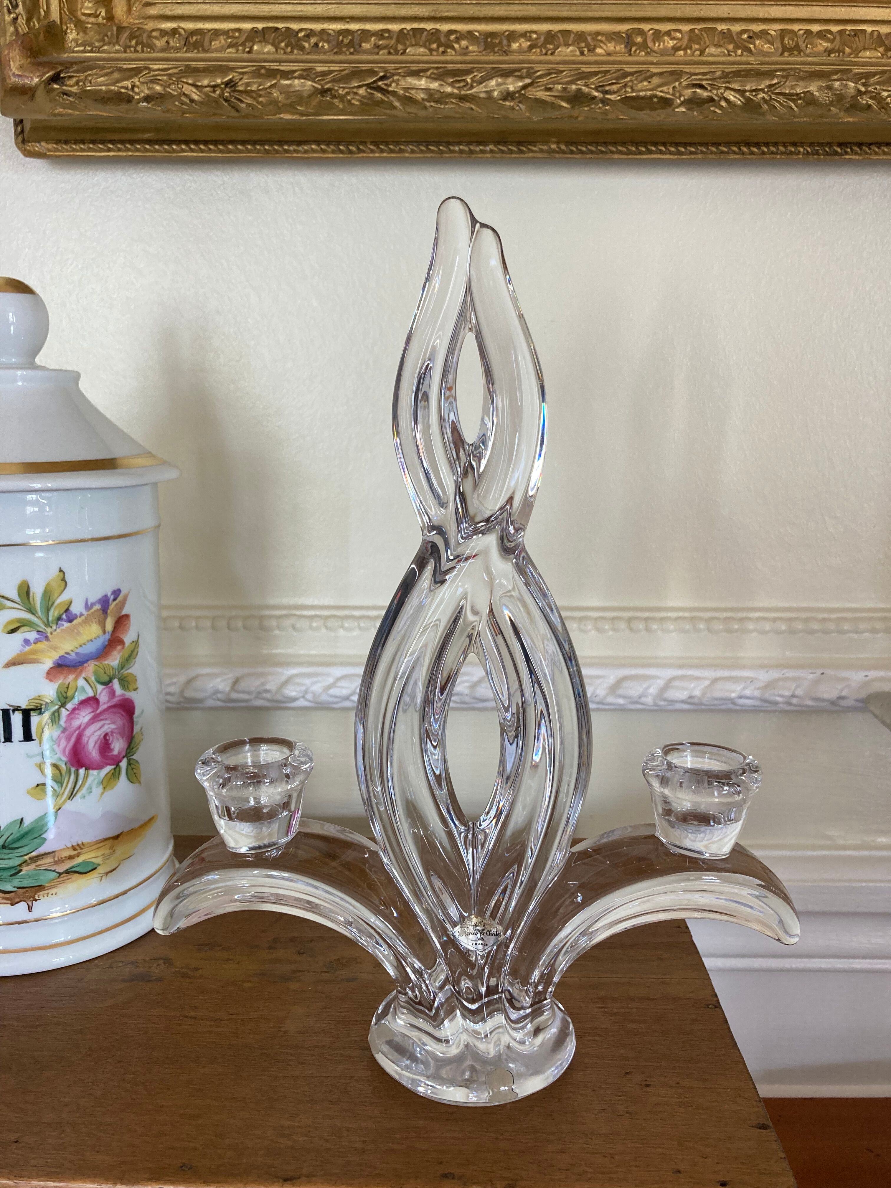 Double crystal candle holder from vannes le chatel 60s