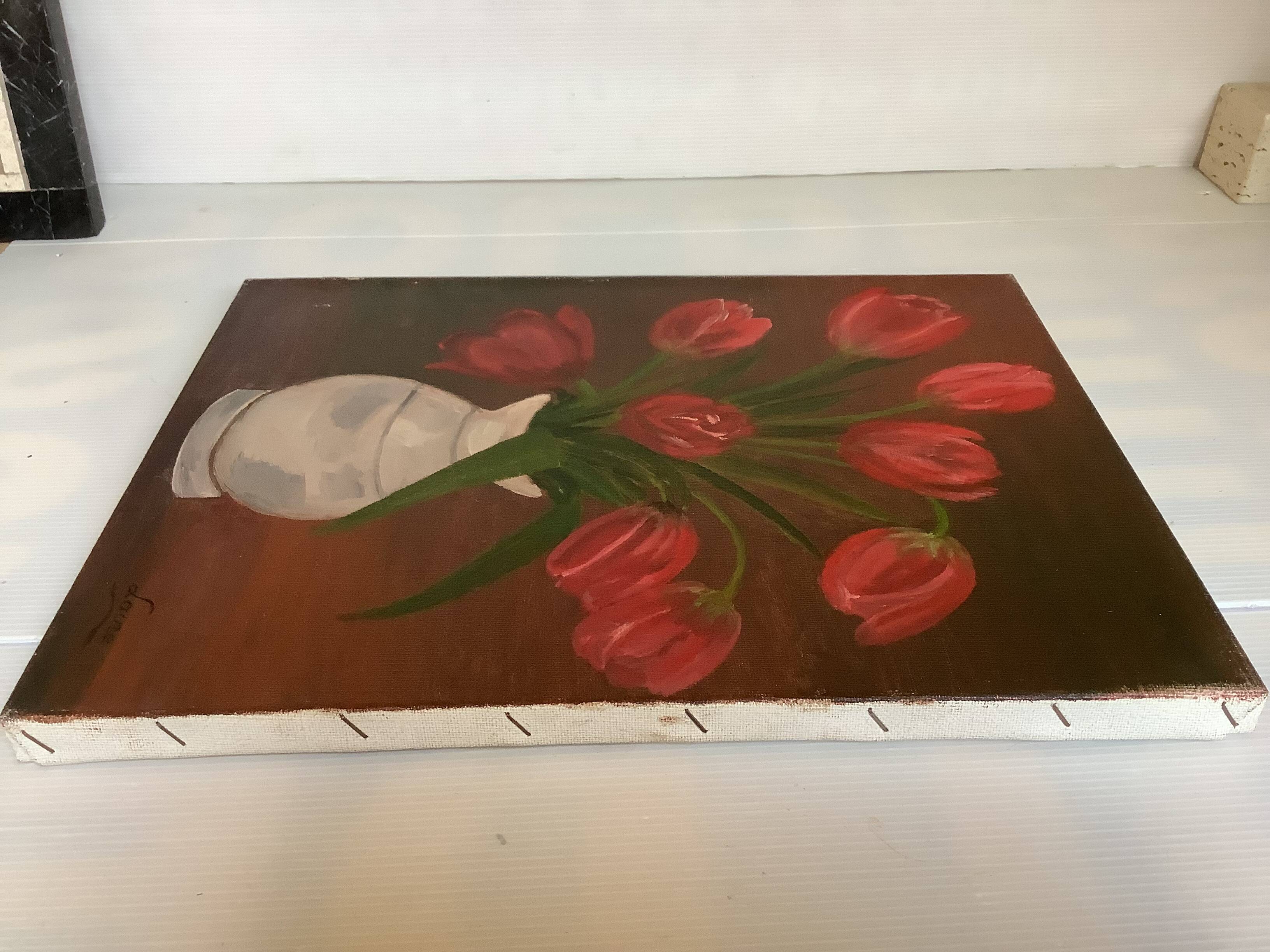 Painting bouquet of tulips oil on canvas signed