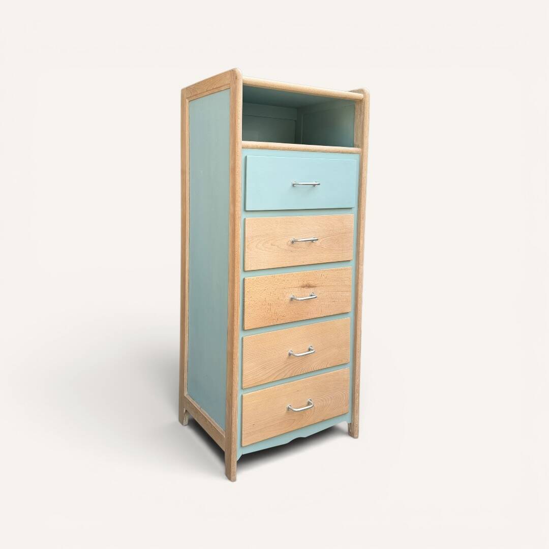 Vintage tall chest of drawers in raw wood and grey-blue from the 1950s.