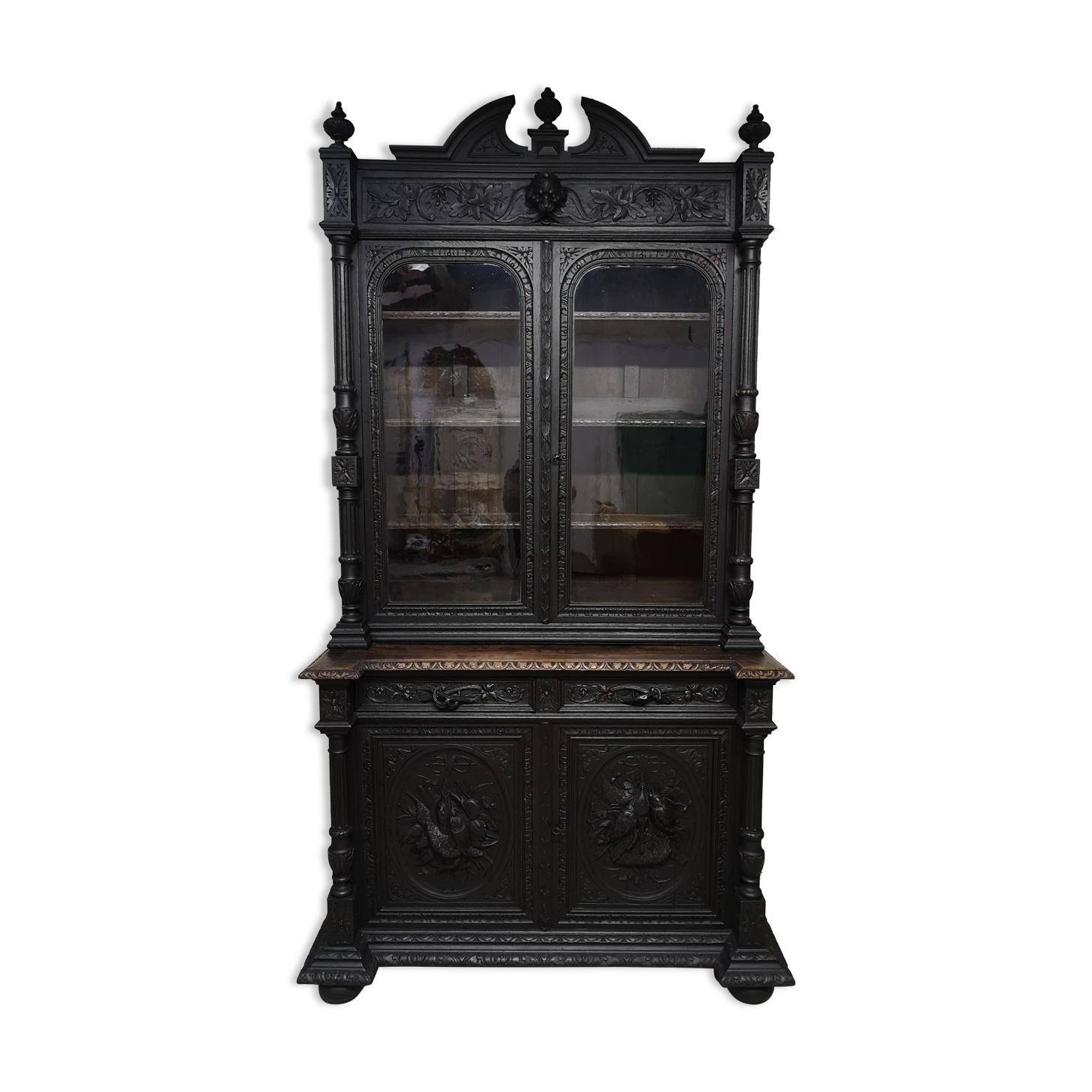 Hunting buffet XIX Louis XIII oak, cabinet curiosity showcase library