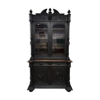 Buffet de chasse XIX Louis XIII chêne, cabinet curiosité vitrine bibliothèque
