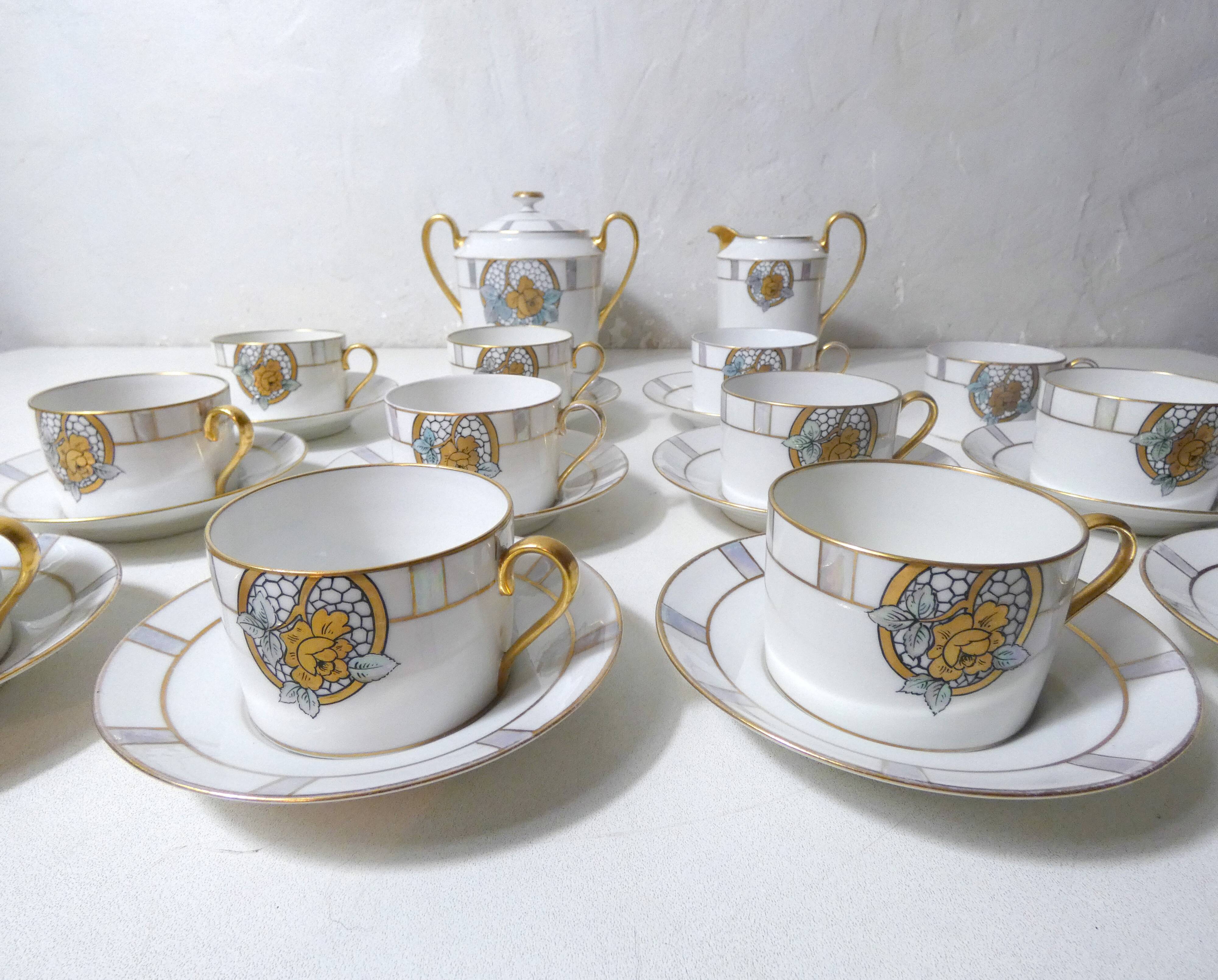 Limoges Ribes porcelain tea and coffee service, gold, silver, iridescent mother-of-pearl, Art Deco