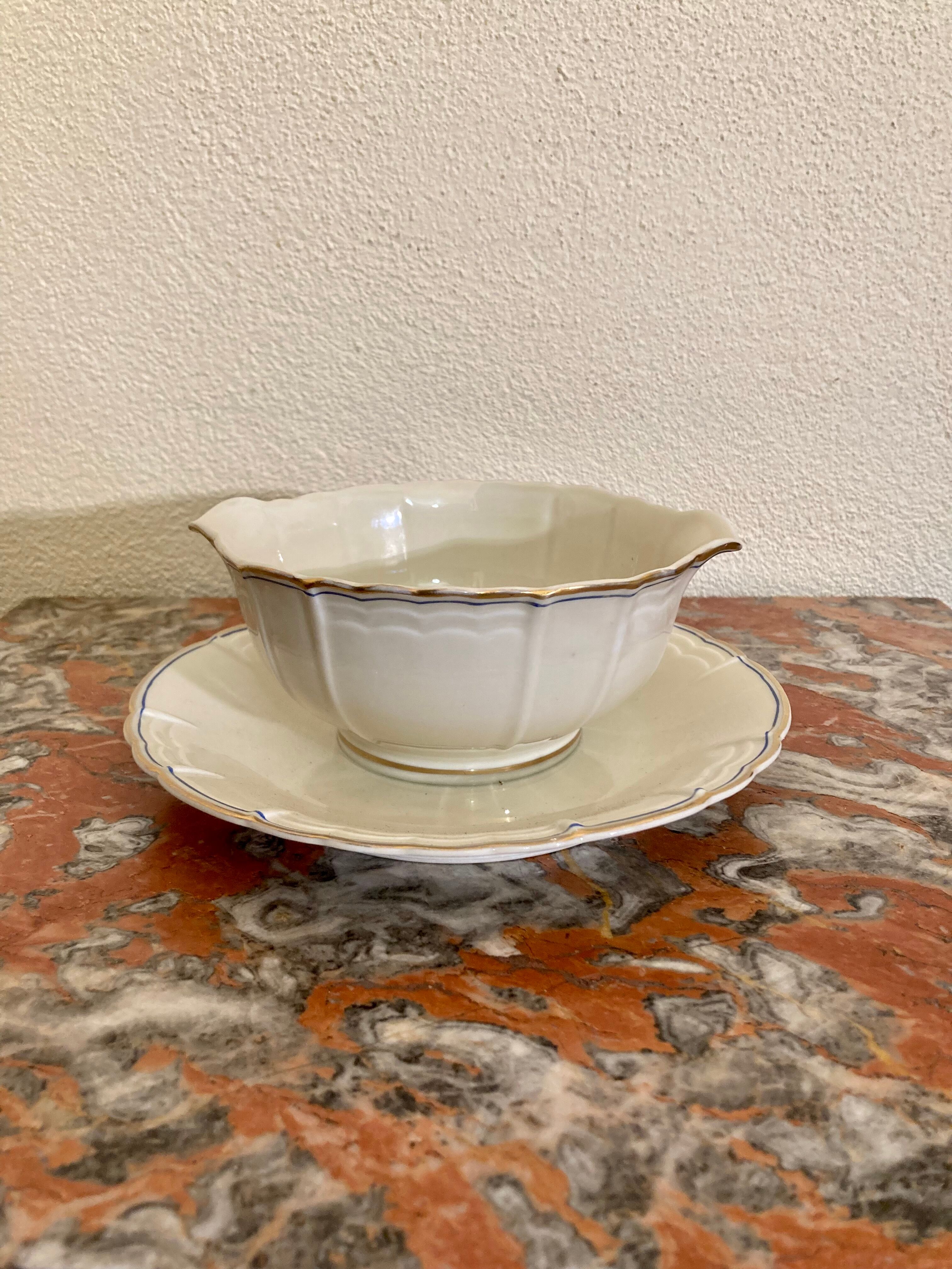 Limoges sauce boat A. Lanternier 1911 gold and blue edging