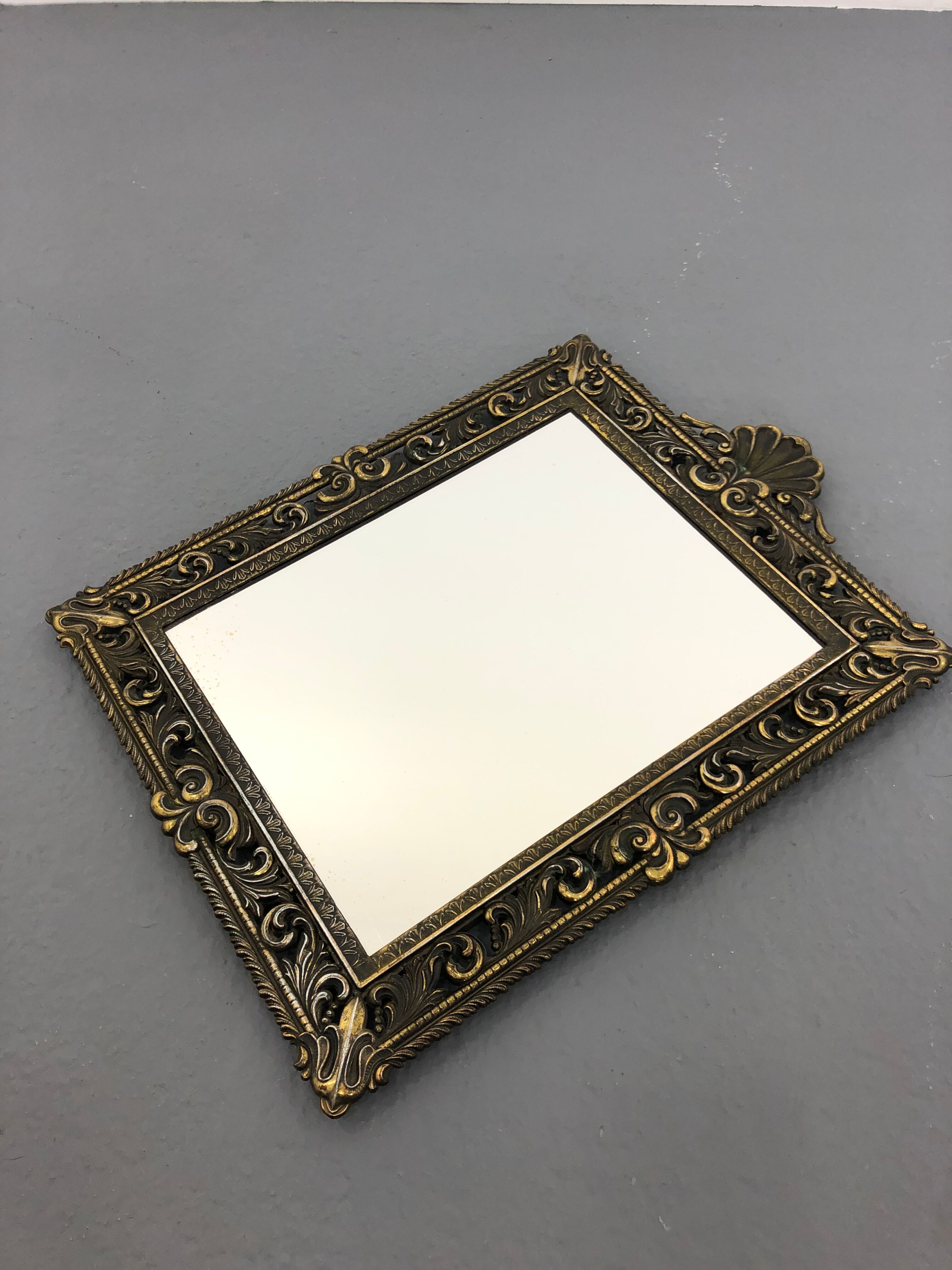 Vintage wall mirror t brass frame, italy, 1950 s