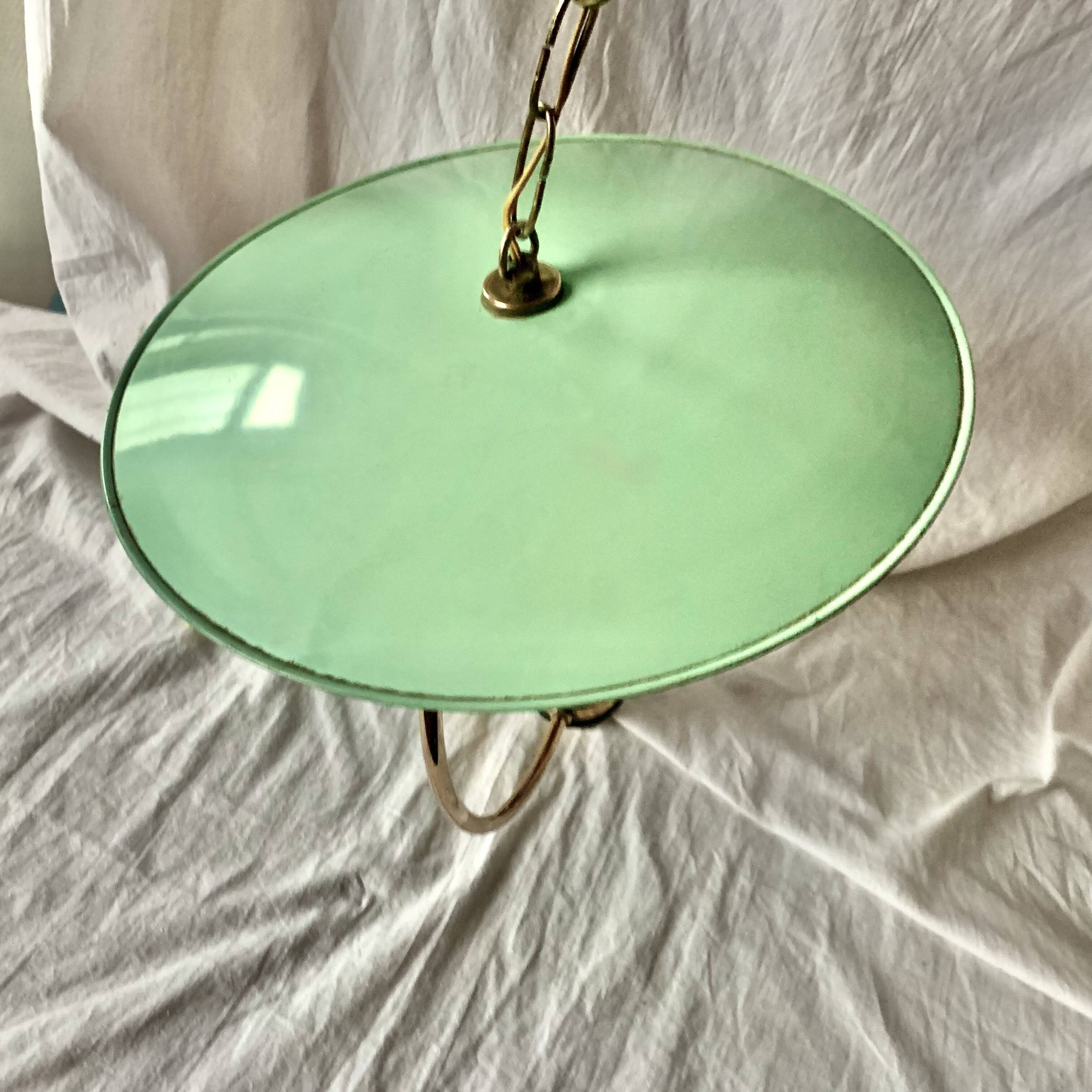 1950s pendant light in green lacquered metal and brass