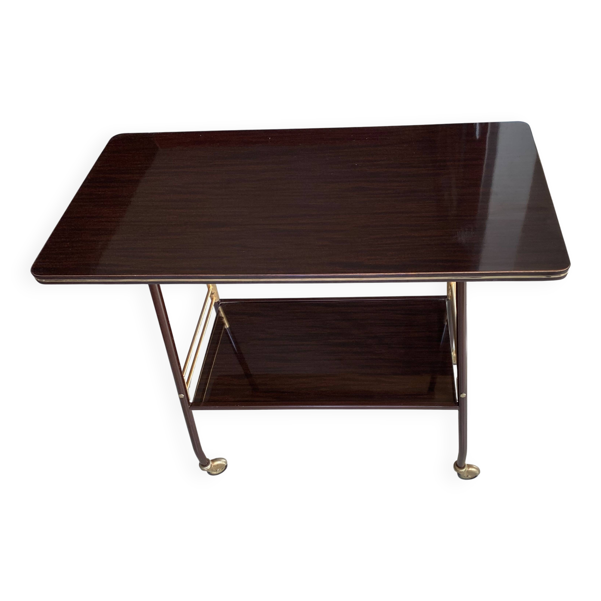 TV stand on casters, 2 brown Formica shelves, 1960s