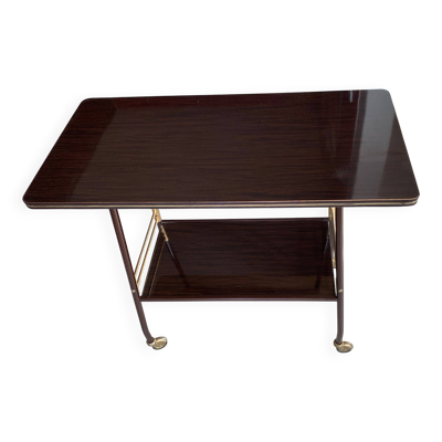 Meuble de télé à roulettes 2 plateaux formica marron 1960