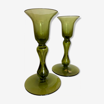 Pair of scandinavian candle holders in blown glass Ekenas Sweden 1960