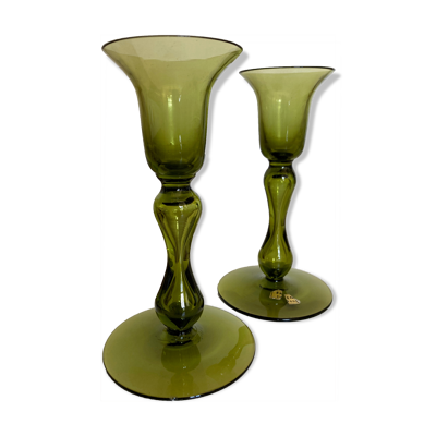 Paire de bougeoirs scandinaves en verre soufflé Ekenas Sweden 1960