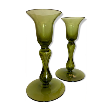 Pair of Scandinavian candlesticks in blown glass Ekenas Sweden 1960