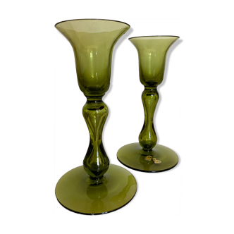 Pair of scandinavian candle holders in blown glass Ekenas Sweden 1960