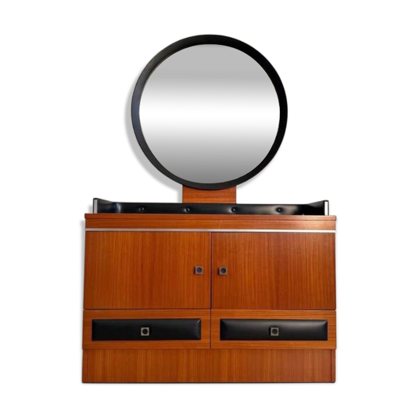Mid-century hairdresser dressing table with tufted elements in black faux leather.