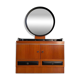 Mid-century hairdresser dressing table with tufted elements in black faux leather.