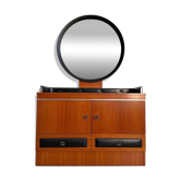 Mid-century hairdresser dressing table with tufted elements in black faux leather.