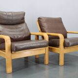 Paire de fauteuils en chêne et cuir L. Olsen & Søn des années 1970, Danemark