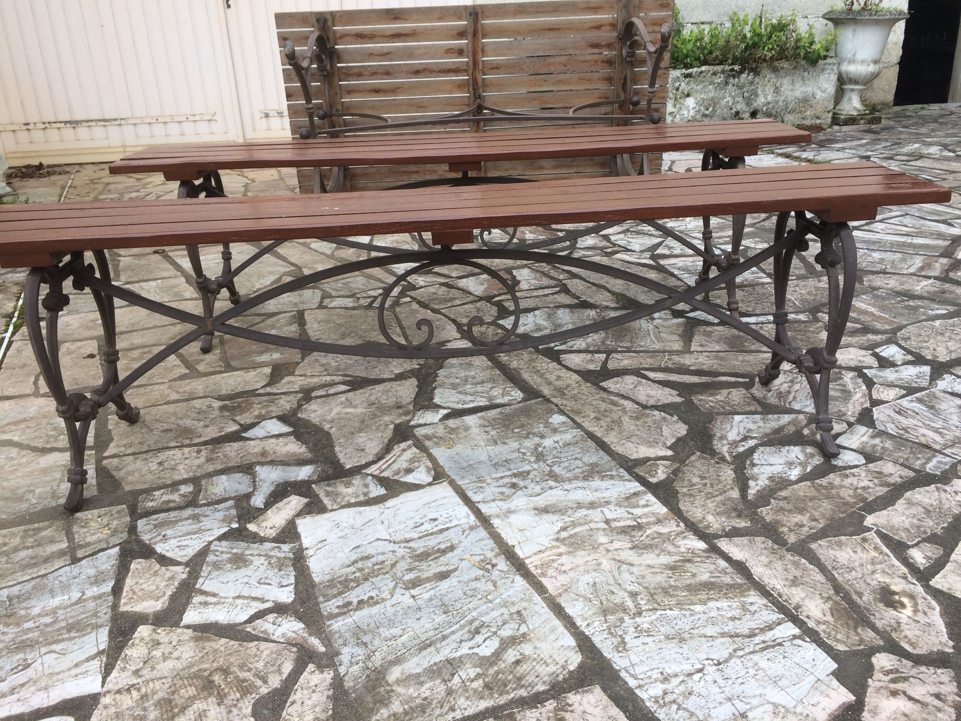 Garden lounge table and 2 cast iron and oak benches