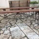 Garden lounge table and 2 cast iron and oak benches
