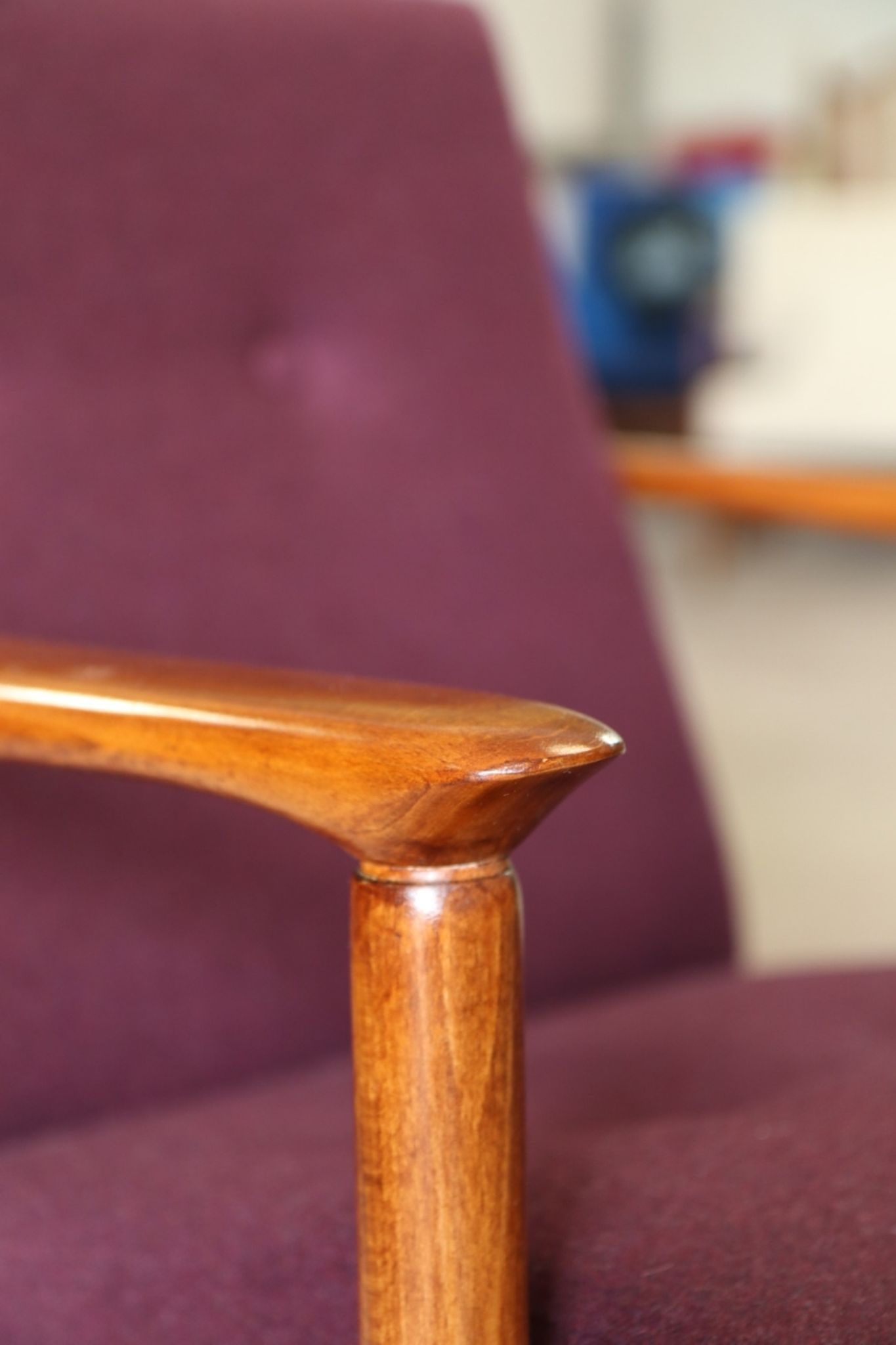 Oryginał wood armchair design by E. Homa 142 aubergine wool vintage chair modern