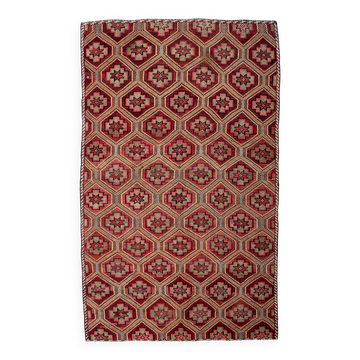 Tapis Kilim à motifs d'étoiles bordeaux et rouges, 188 x 309 cm