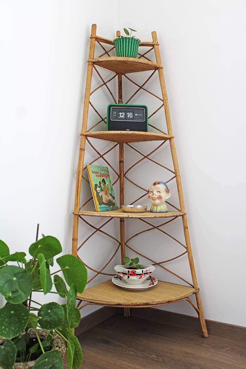 Corner rattan shelf