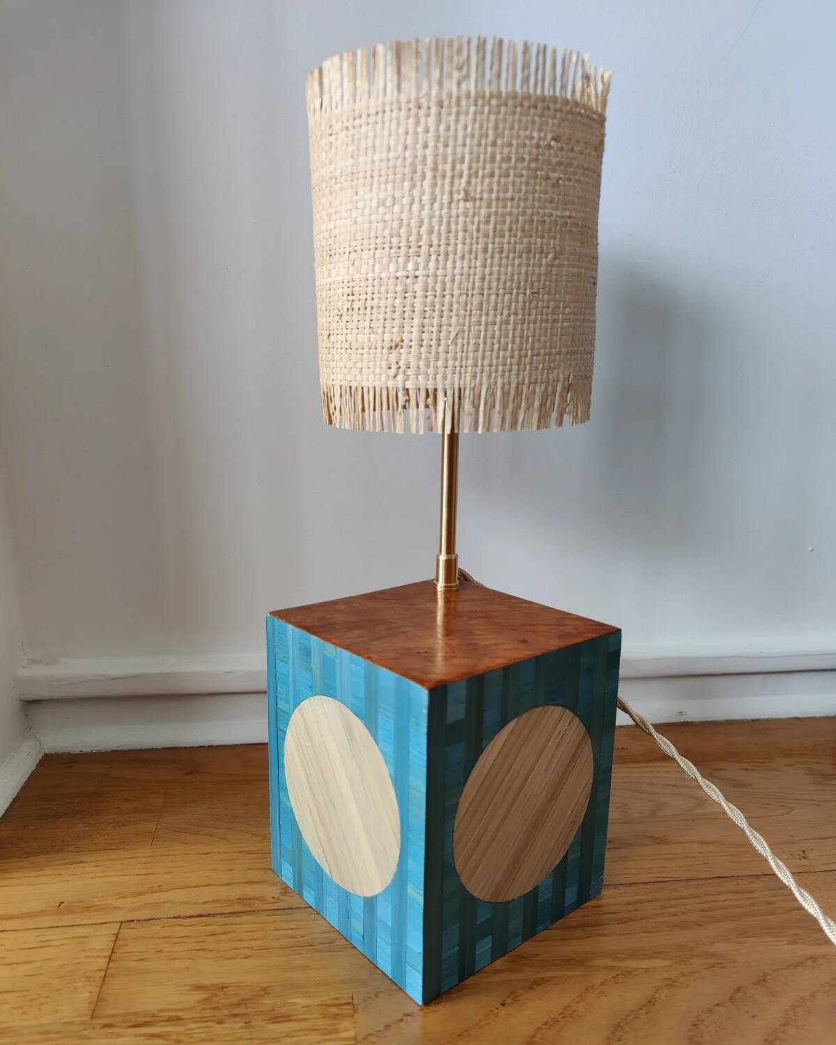 Lamp in straw marquetry and ash burl