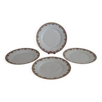 4 assiettes plates porcelaine Limoges Theodore Haviland motifs Art Deco Ø 24, cm