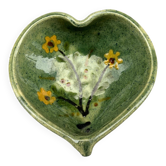 Coupelle coeur en grés bohème vert et fleurs jaunes poterie d'Annecy 1960