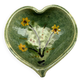 Heart cup in green bohemian sandstone and yellow flowers pottery Annecy 1960