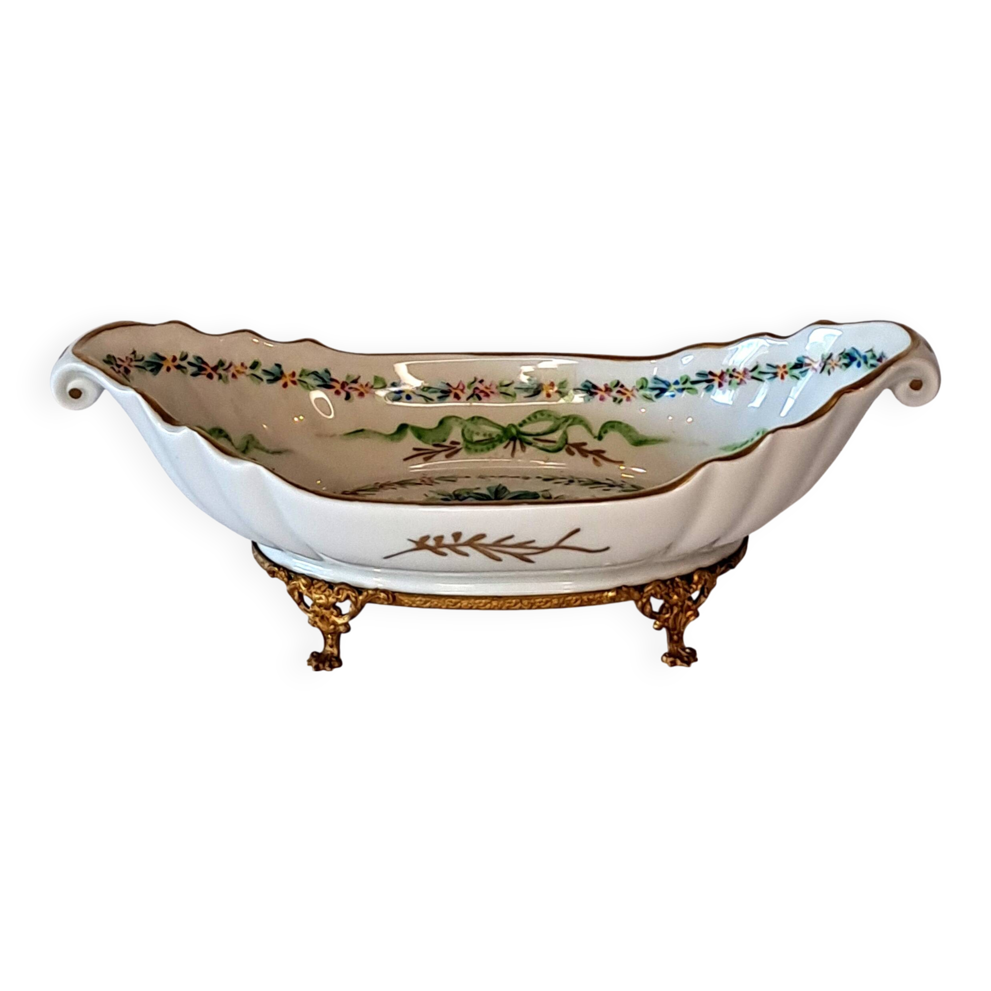 Antique Limoges bowl – painted porcelain & gilded bronze, Louis XV style