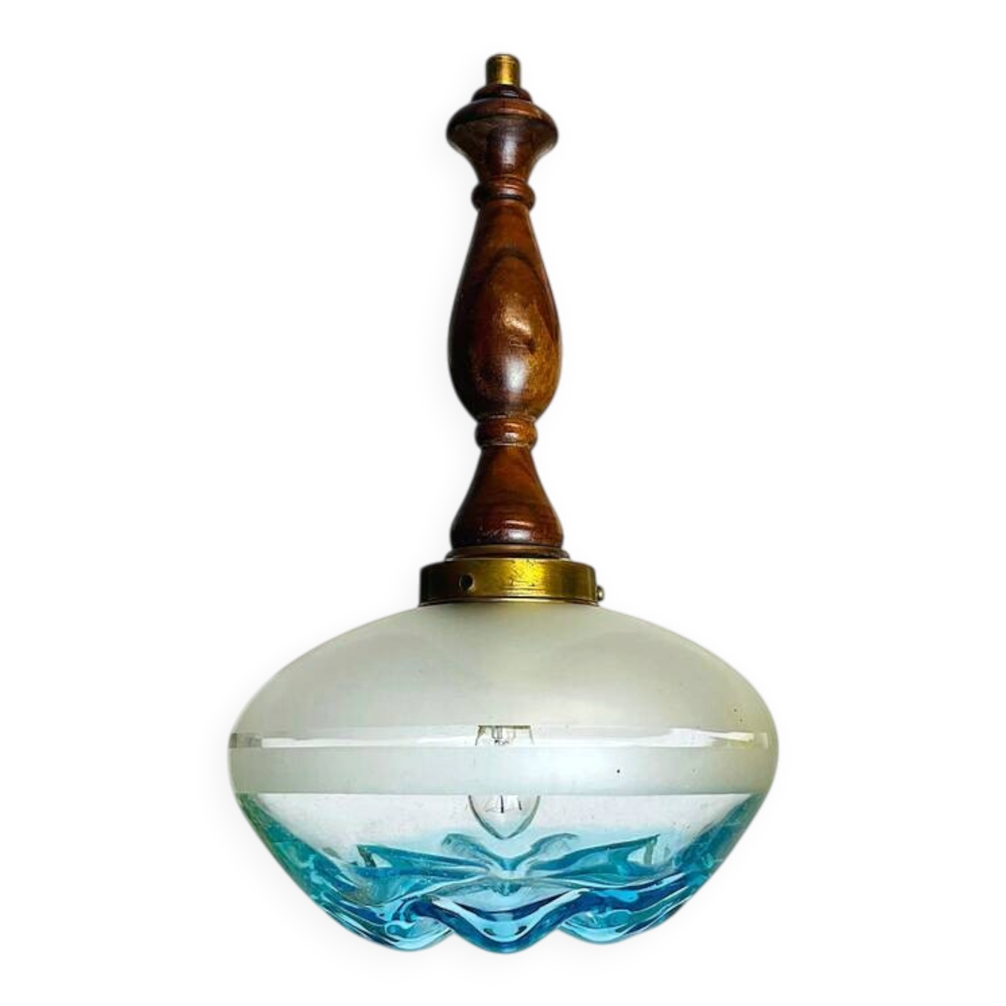 Vintage teak wood agua blue glass pendant lamp