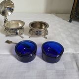 Ancien Saleron et Moutardier en Métal Argenté et Verre Bleu