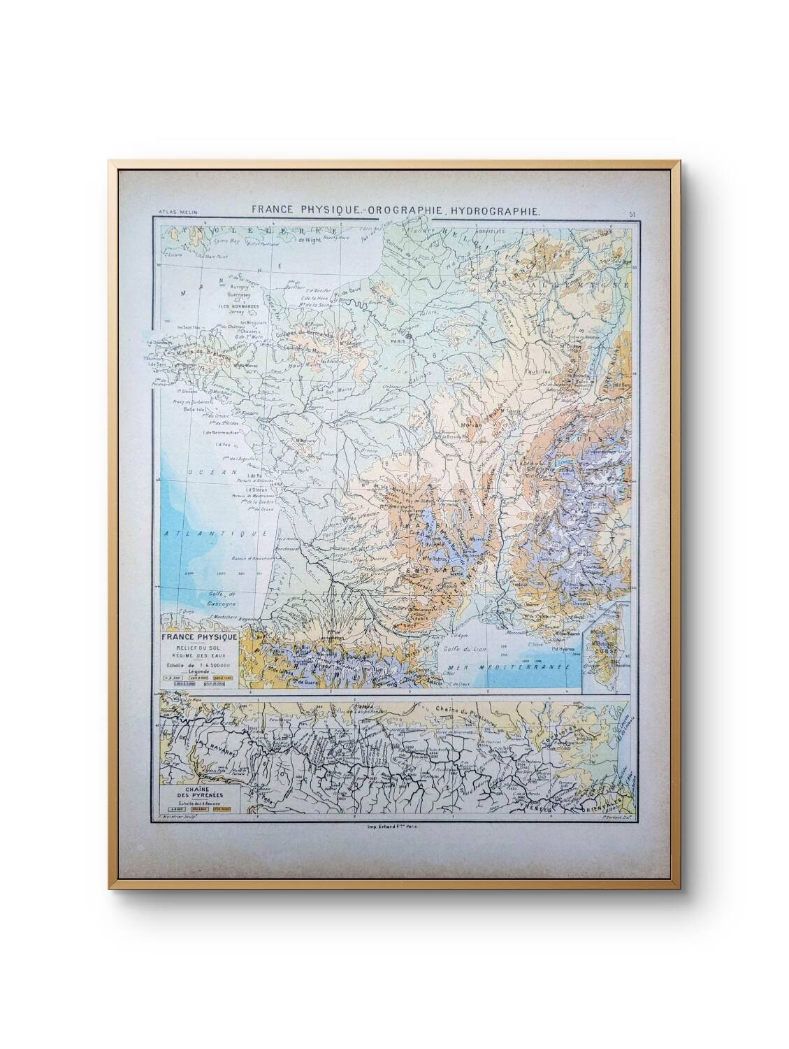Physical map of France, original printed in 1896