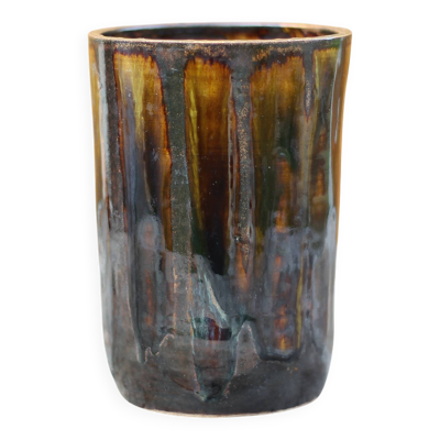 Vase grès vernissé à coulures, vase signé vintage, pot à fleurs